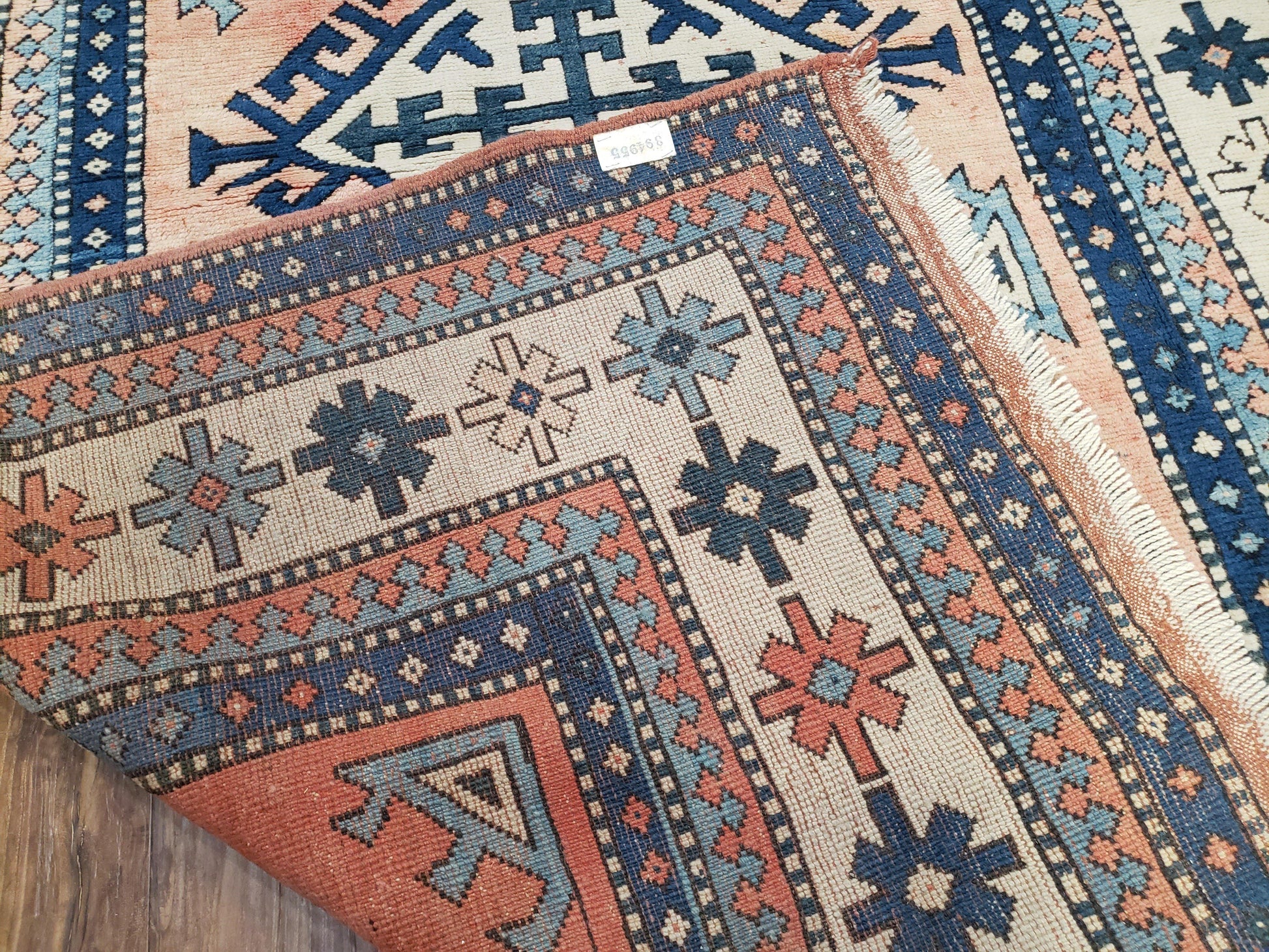 Turkish Kazak Rug 5x8 ft, Bold Geometric Bohemian Carpet, Blue and Ivory Hand Knotted Area Rug, Medium Sized High Quality Wool Oriental Rug - Nuvé