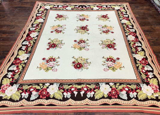 Portuguese Needlepoint Rug 8x9, Vintage Rug 8 x 9 ft, Ivory Dark Brown Hand-Woven Wool Portuguese Carpet, European Rug - Nuvé