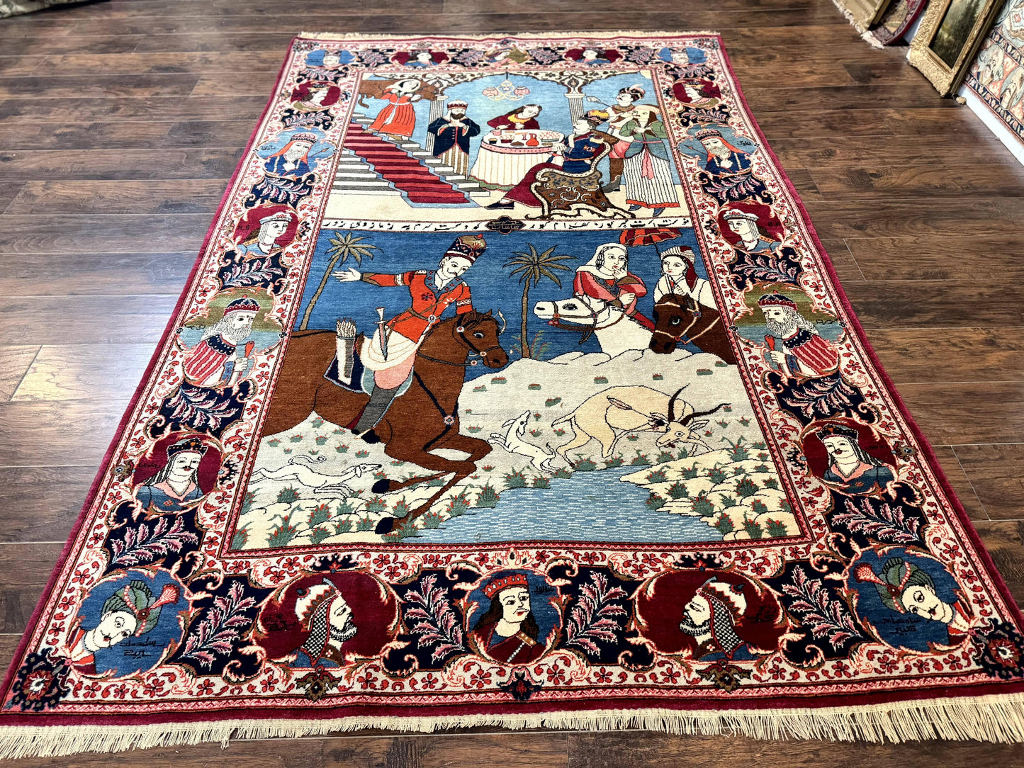 Rare Persian Kashan Pictorial Rug 6x9, King Bahram Hunting Scene, Persian Kings, Hand Knotted Persian Rug for Wall Hanging, Antique, Wool - Nuvé