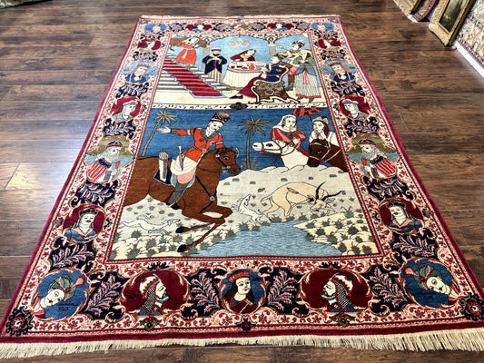Rare Persian Kashan Pictorial Rug 6x9, King Bahram Hunting Scene, Persian Kings, Hand Knotted Persian Rug for Wall Hanging, Antique, Wool - Nuvé