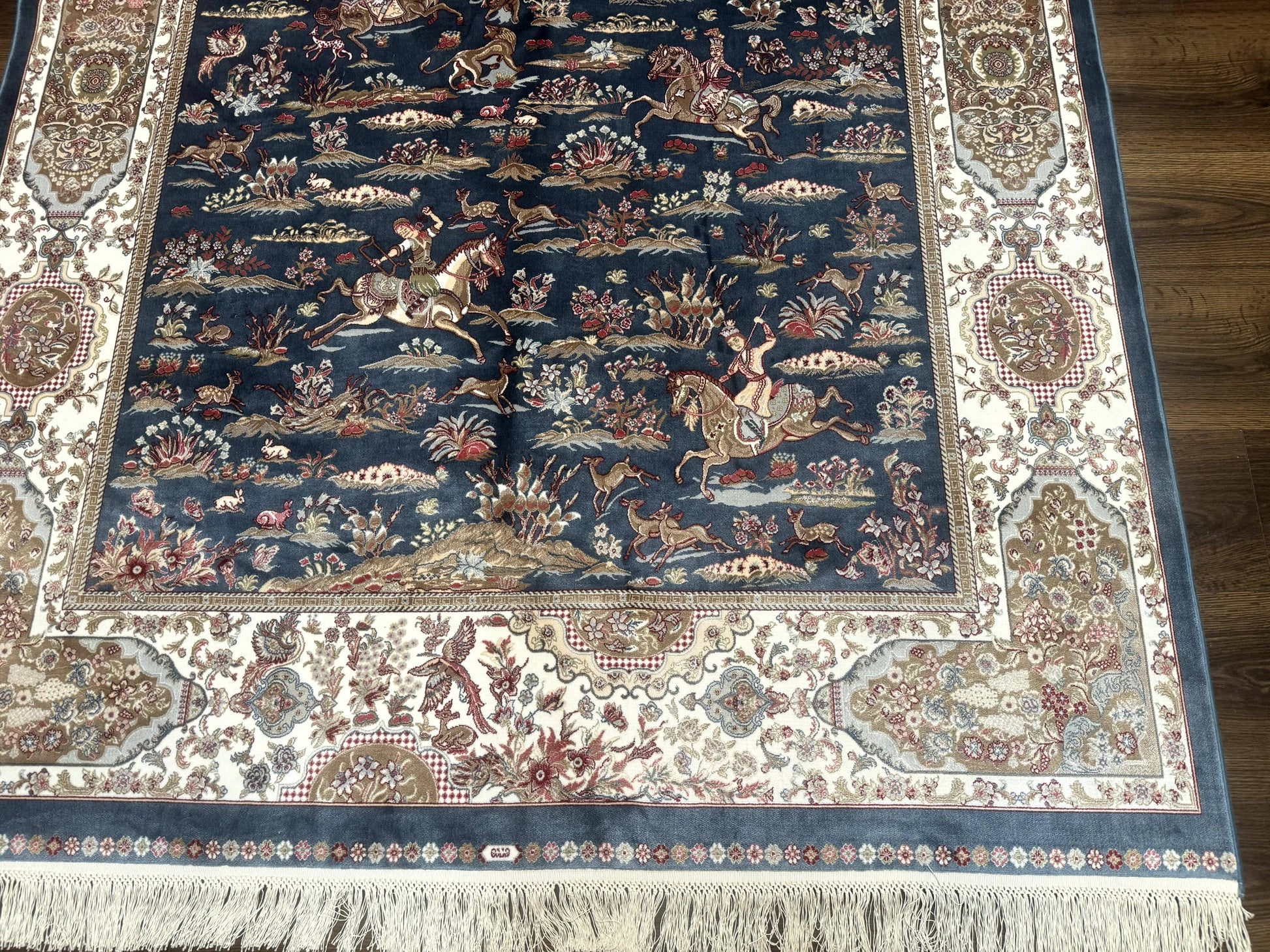 Turkish Silk Rug 5x8, Hunting Design, Animal Pictorials, Steel Blue & Ivory, Bamboo Silk - Nuvé