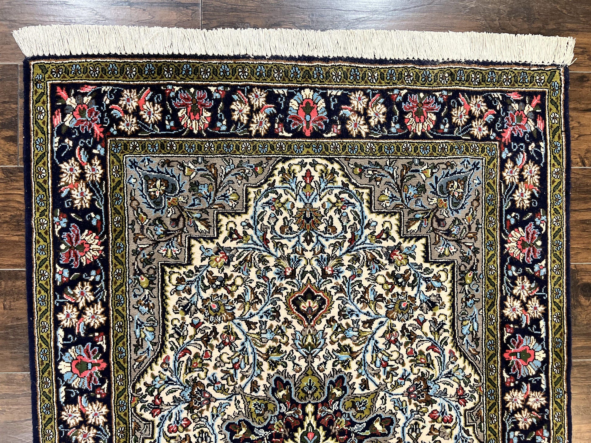 Persian Qum Rug 3x5, Wool with Silk Highlights, Handmade Semi Antique Carpet, Ivory & Navy Blue, Floral Medallion, Finely Hand Knotted - Nuvé