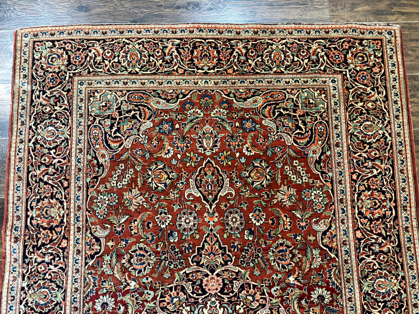 Persian Kashan Rug 4x7, Red and Navy Blue, Floral Antique Carpet - Nuvé