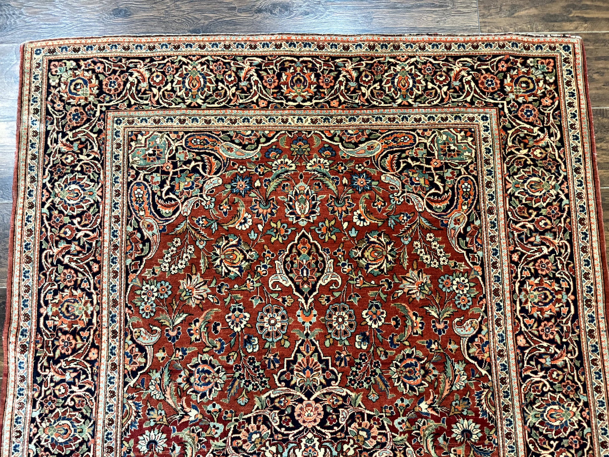 Persian Kashan Rug 4x7, Red and Navy Blue, Floral Antique Carpet - Nuvé