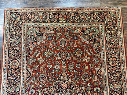 Persian Kashan Rug 4x7, Red and Navy Blue, Floral Antique Carpet - Nuvé