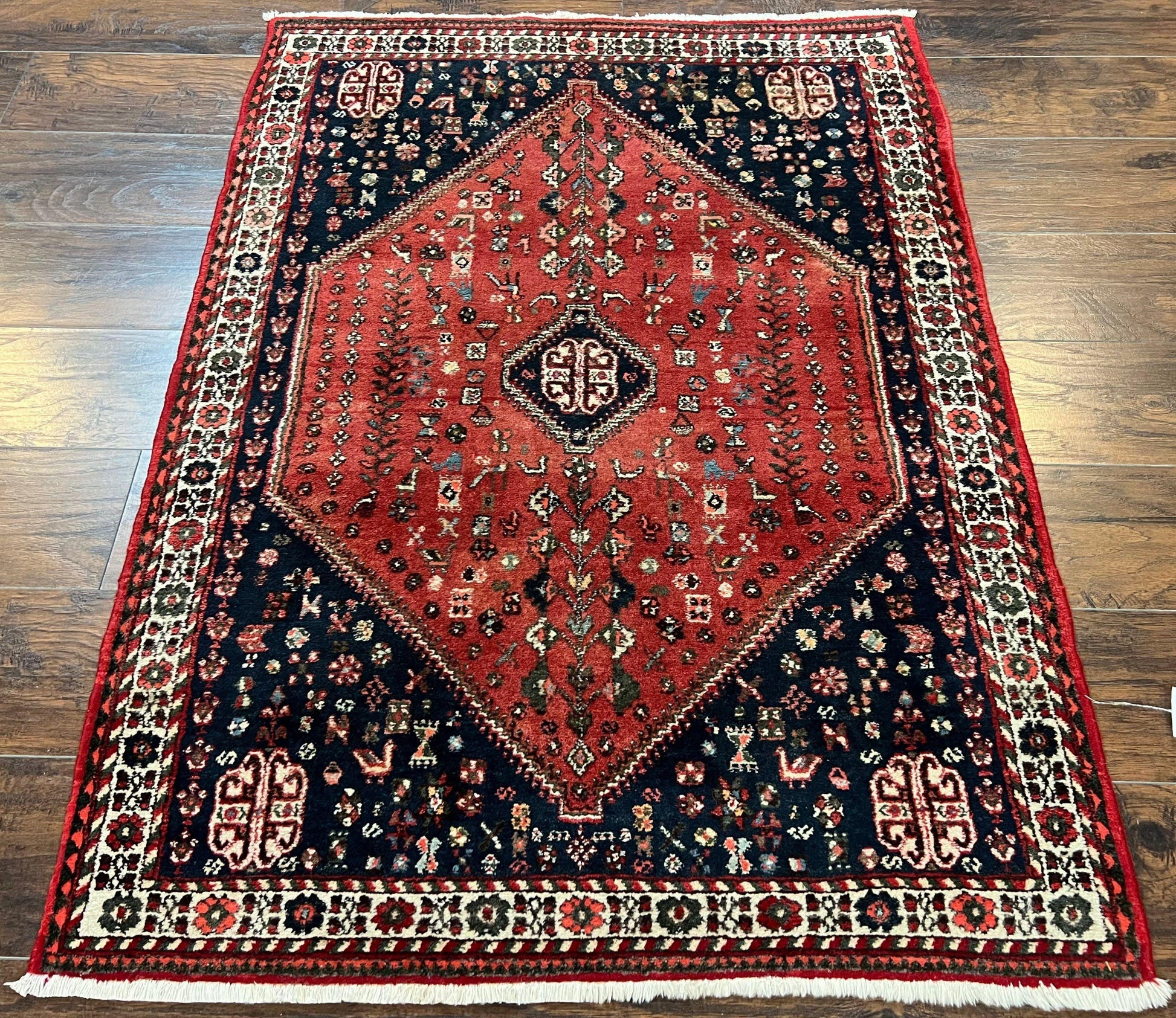 Persian Tribal Rug 3.6 x 5 ft, Persian Abadeh Rug, Geometric Medallion Bird Motifs, Red and Navy Blue Hand Knotted Handmade Wool Vintage Oriental Carpet - Nuvé