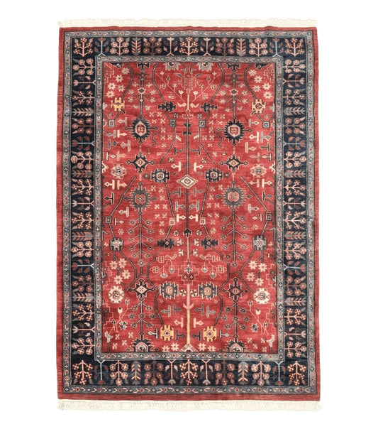 Indo Persian Heriz Serapi Rug 6x8, Rust Red and Navy Blue, Allover Pattern
