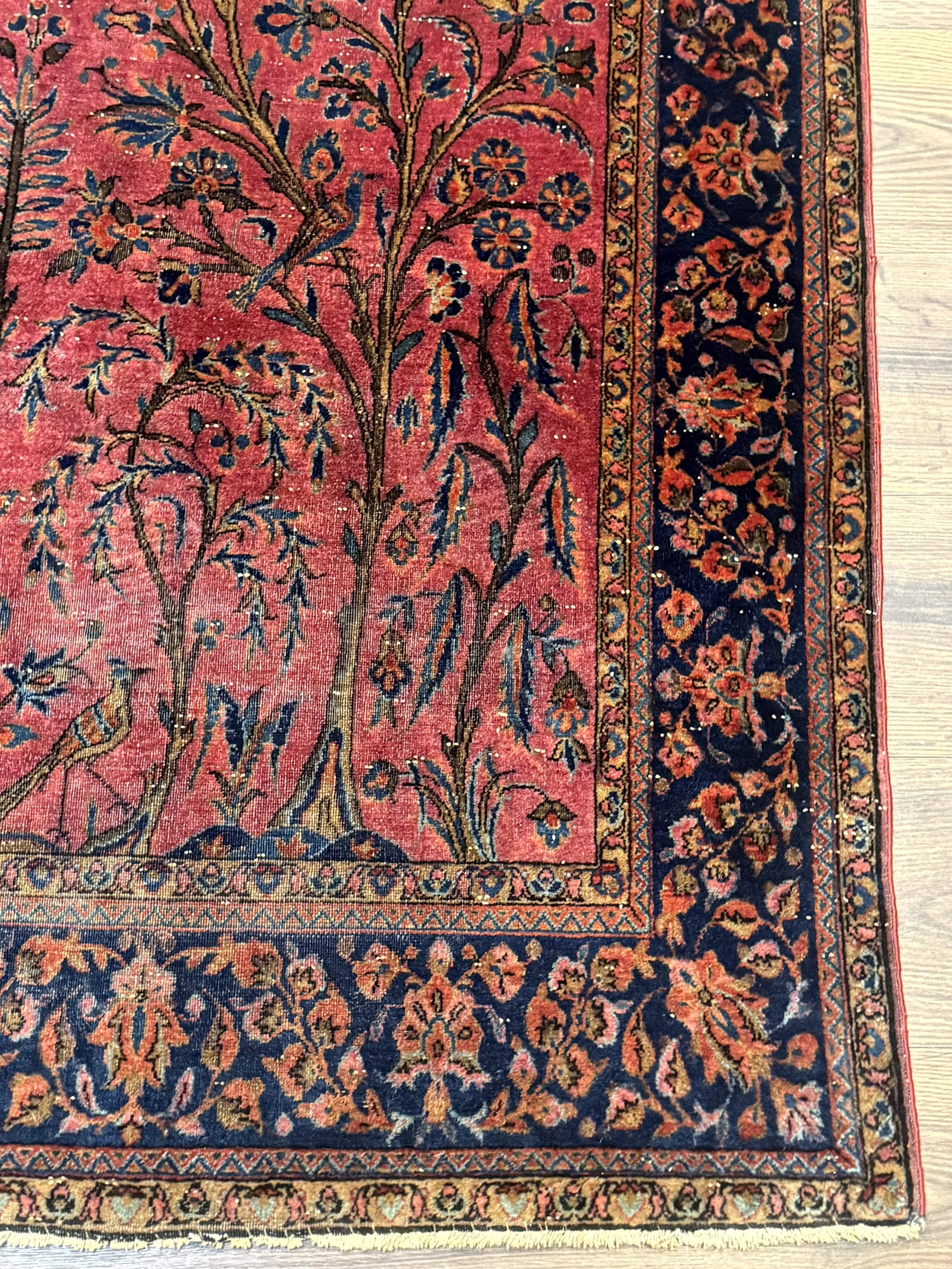 Antique Persian Tree of Life Rug 3x5, Manchester Wool, Bird Pictorials, Fine 240 KPSI, Red Navy Blue - Nuvé