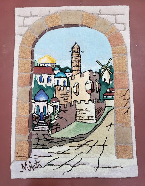 Small Judaica Rug, Rug with Jerusalem Pictorial, Chanuka Gift, Hand-Tufted, Jerusalem Gate, Vintage Judaica, Western Wall Rug, 3x4 Rug - Nuvé