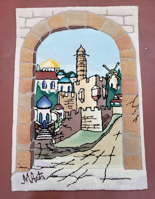 Small Judaica Rug, Rug with Jerusalem Pictorial, Chanuka Gift, Hand-Tufted, Jerusalem Gate, Vintage Judaica, Western Wall Rug, 3x4 Rug - Nuvé