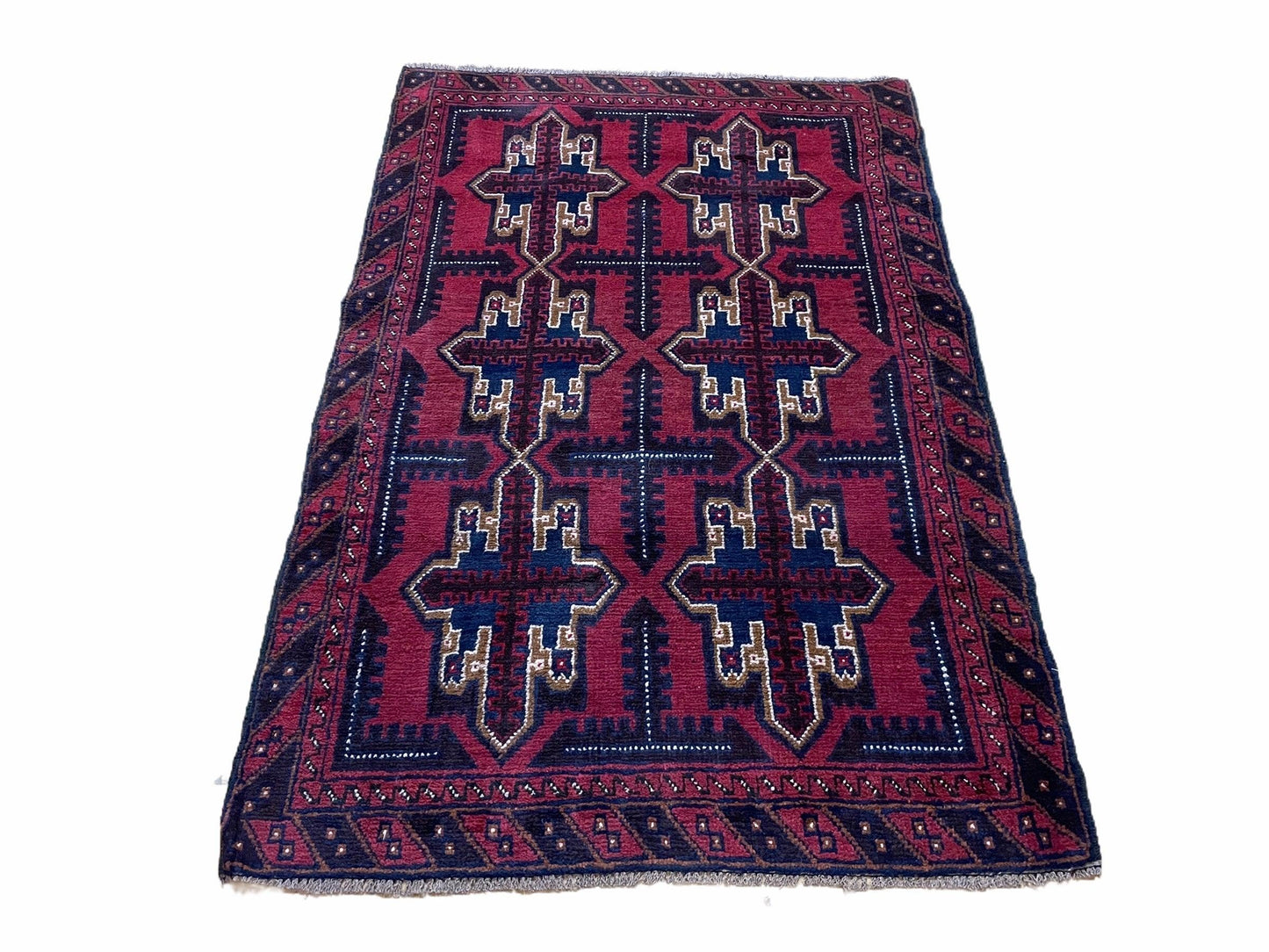 3X5 Vintage Handmade Tribal Wool Rug Balouchi Rug Afghan Rug Red Beige Blue Nice - Nuvé
