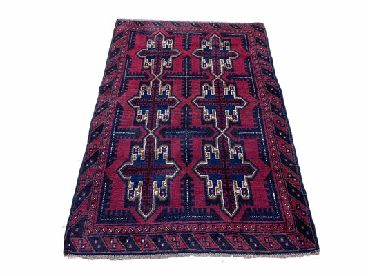 3X5 Vintage Handmade Tribal Wool Rug Balouchi Rug Afghan Rug Red Beige Blue Nice - Nuvé