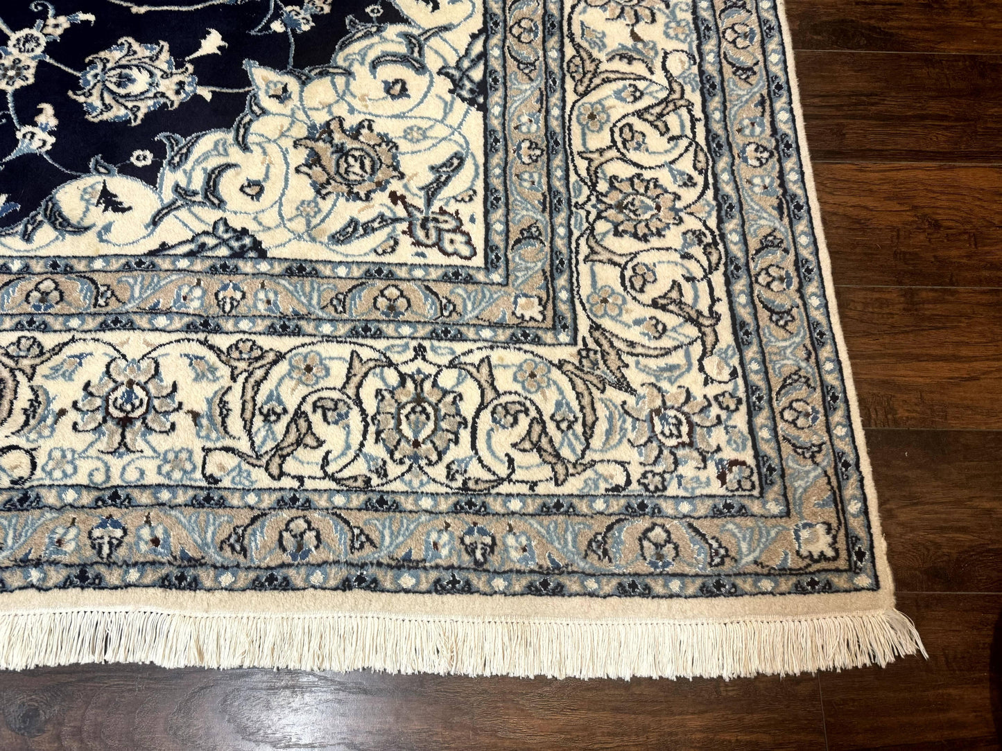 Persian Nain Rug 8x11, Navy Blue and Ivory, Handmade Wool Vintage Carpet, Floral Medallion - Nuvé