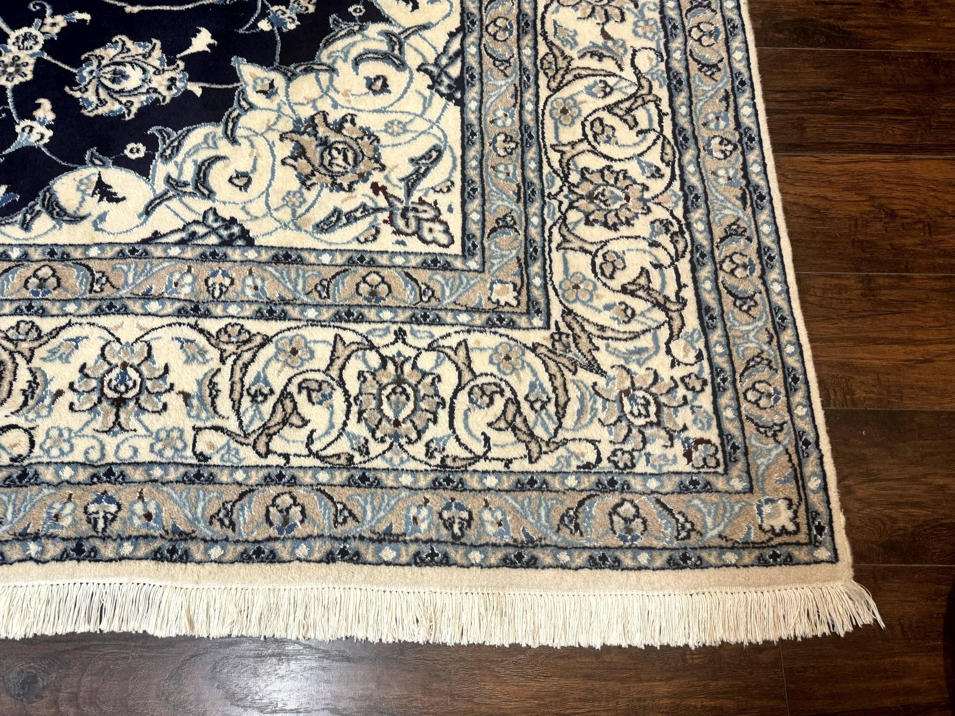 Persian Nain Rug 8x11, Navy Blue and Ivory, Handmade Wool Vintage Carpet, Floral Medallion - Nuvé