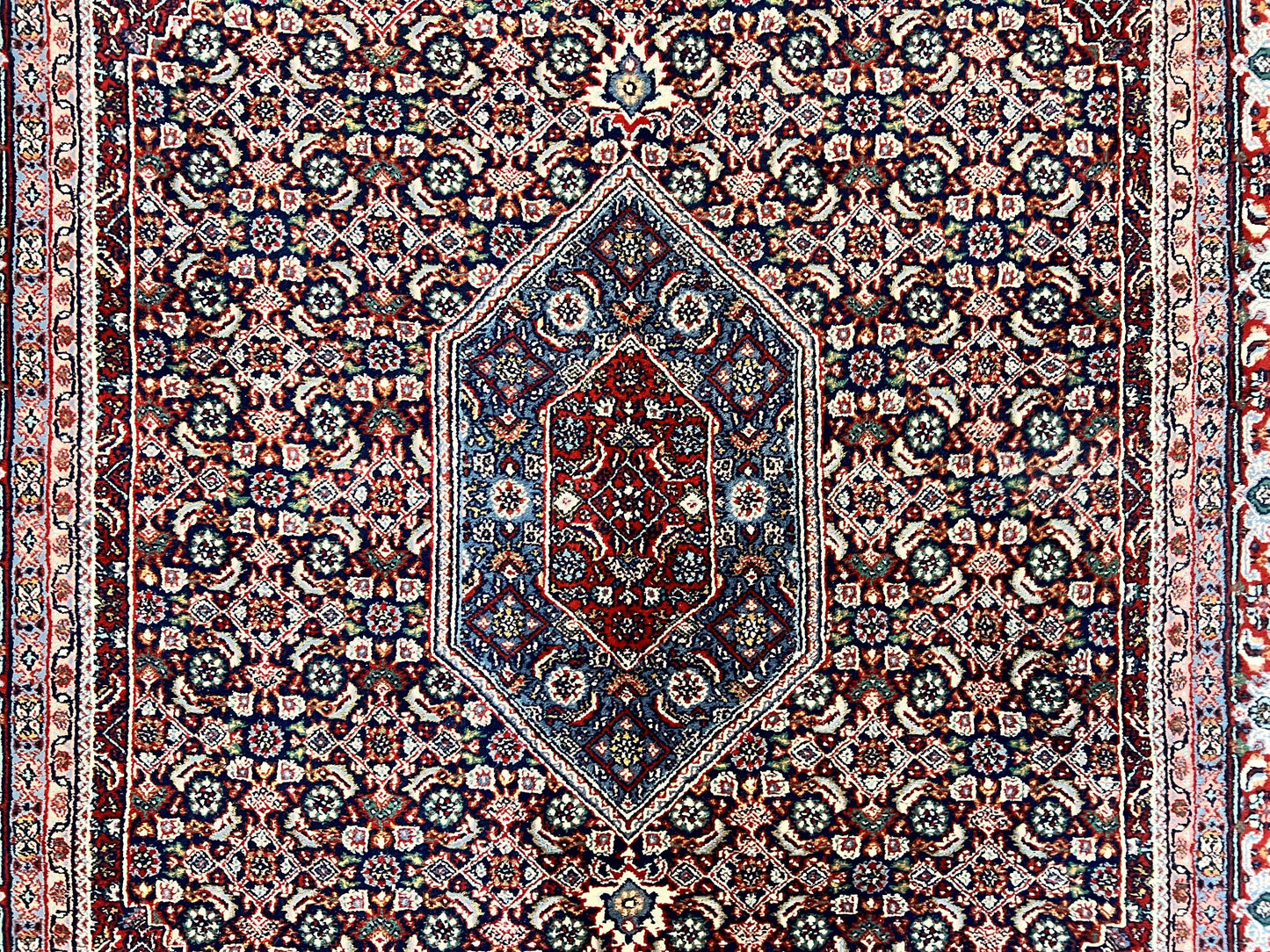 Indo Persian Rug 7x10, Dark Blue and Red Hand Knotted Wool Vintage Oriental Carpet 7 x 10 ft, Handmade Bidjar Rug, Herati Pattern Indian Rug - Nuvé