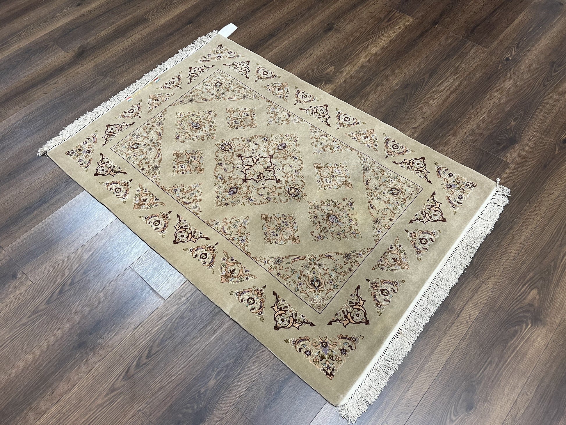 Very Fine Persian Isfahan Rug 3x5 ft with Signature, Kork Wool on Silk Foundation, Gray-Taupe Vintage Hand Knotted Oriental Carpet, 60 Raj 460 KPSI - Nuvé