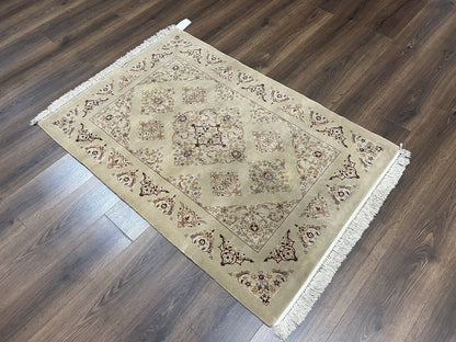 Very Fine Persian Isfahan Rug 3x5 ft with Signature, Kork Wool on Silk Foundation, Gray-Taupe Vintage Hand Knotted Oriental Carpet, 60 Raj 460 KPSI - Nuvé