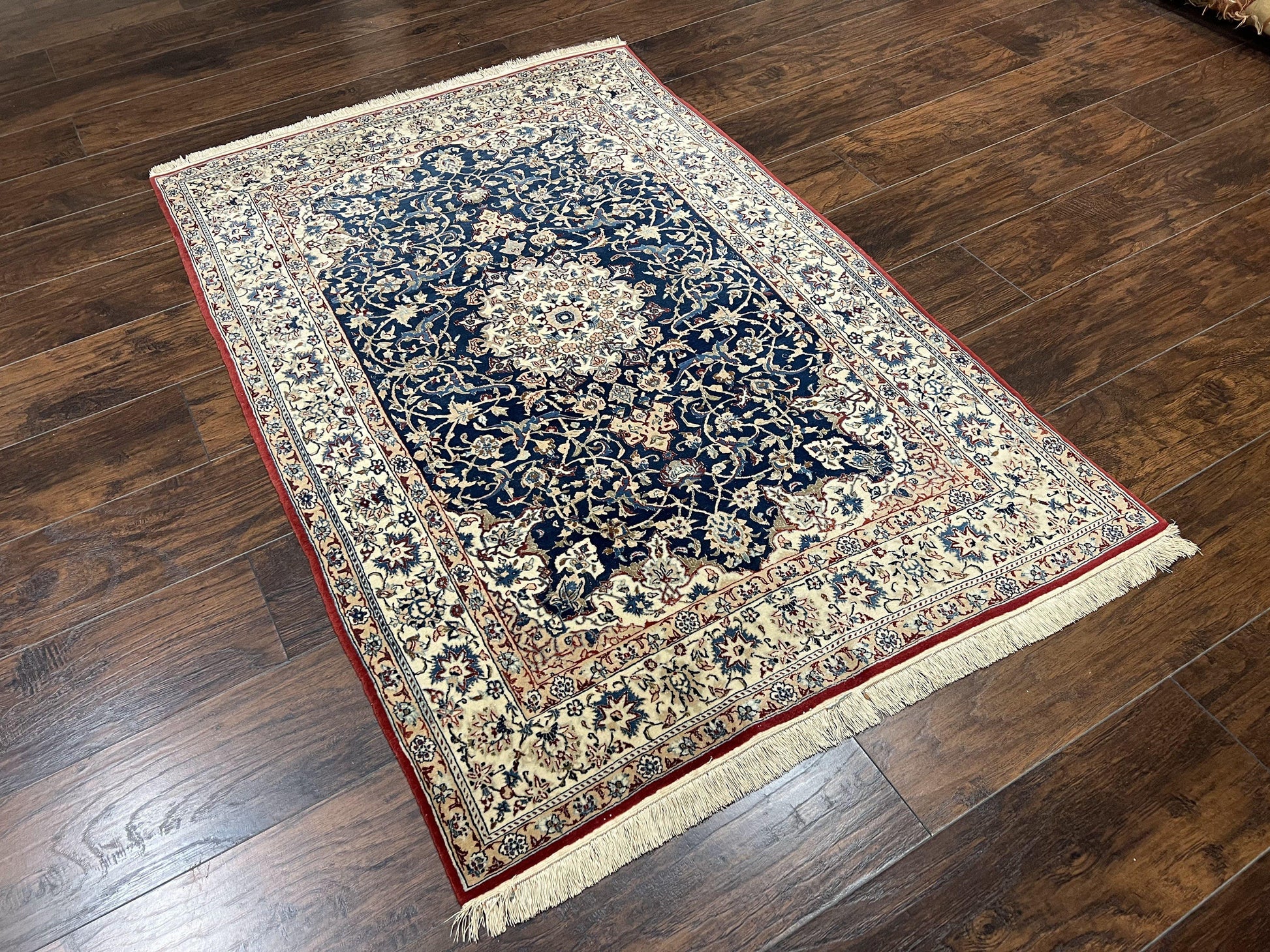 Super Fine Persian Nain Rug 3.6 x 5.4, Navy Blue and Ivory, 700 KPSI - Nuvé