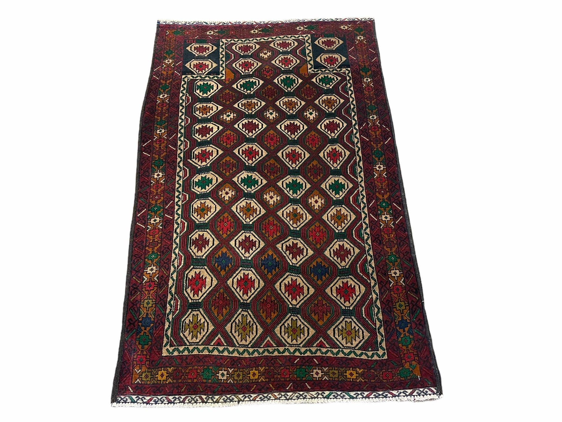 3x5 Vintage Handmade Wool Rug Tribal Turkoman Balouch Prayer Rug Organic Dyes - Nuvé