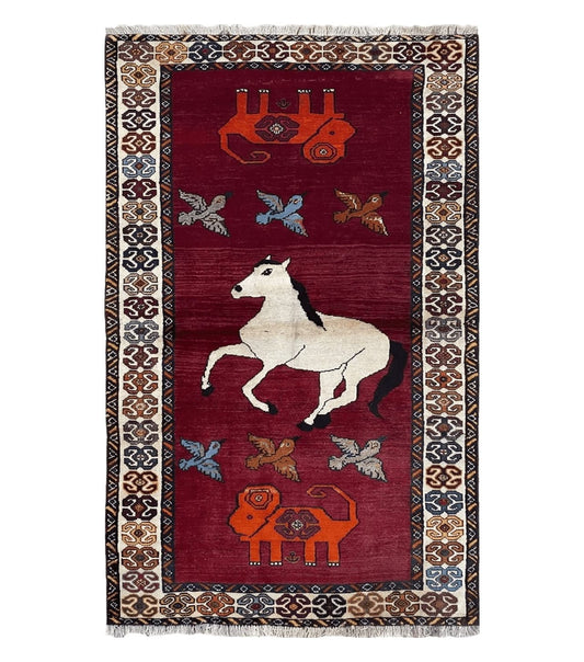4 X 6 Handmade Zagros Wool Rug Horse Birds Ram Sheep Colorful New Vintage Rug