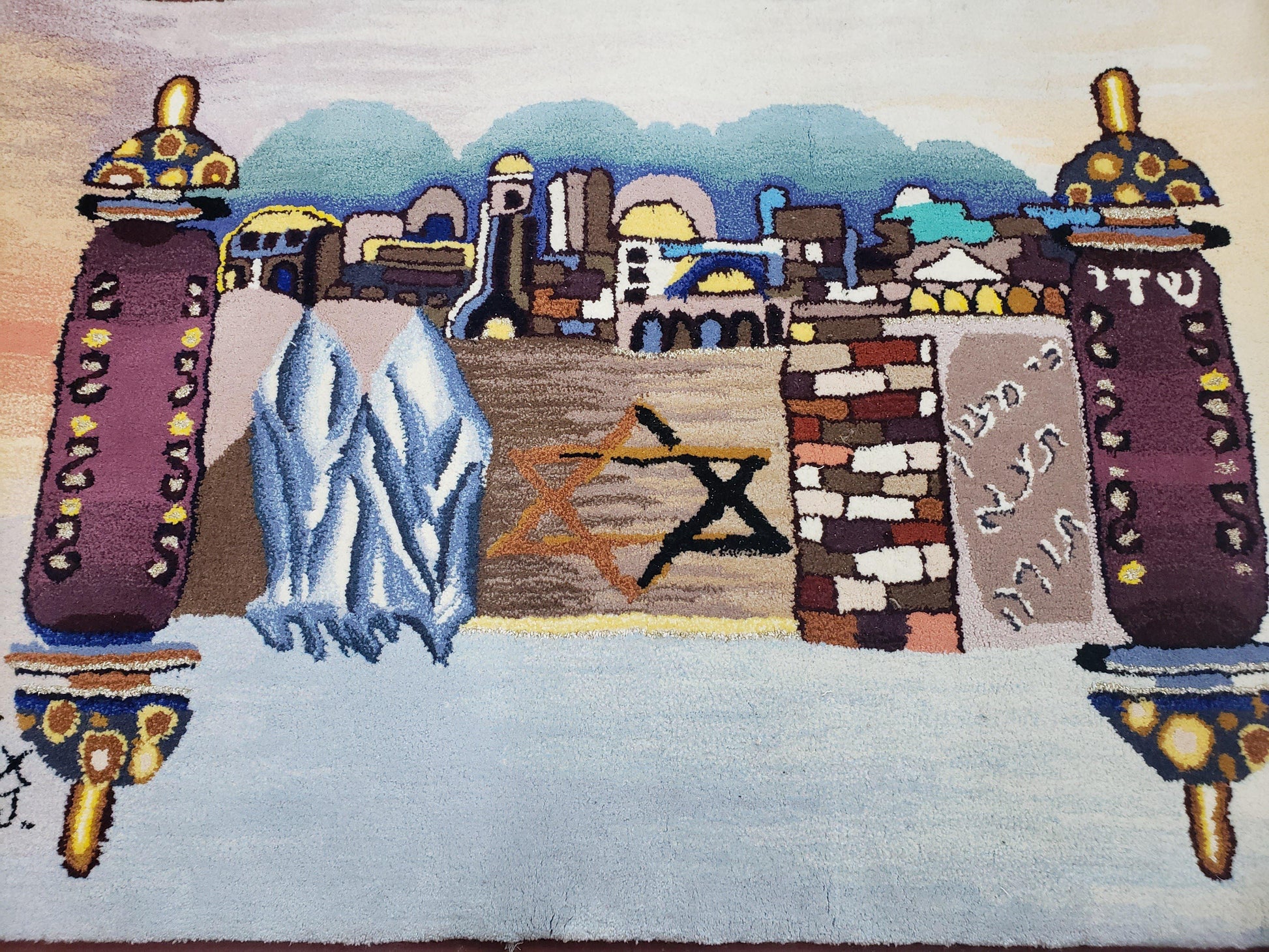 Vintage Judaica Pictorial Rug 3x5, Wool Hand-Tufted Israeli Signed Rug, Jerusalem Rug, Star of David Torah Scroll Verses, Chanuka Gift - Nuvé