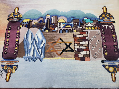 Vintage Judaica Pictorial Rug 3x5, Wool Hand-Tufted Israeli Signed Rug, Jerusalem Rug, Star of David Torah Scroll Verses, Chanuka Gift - Nuvé