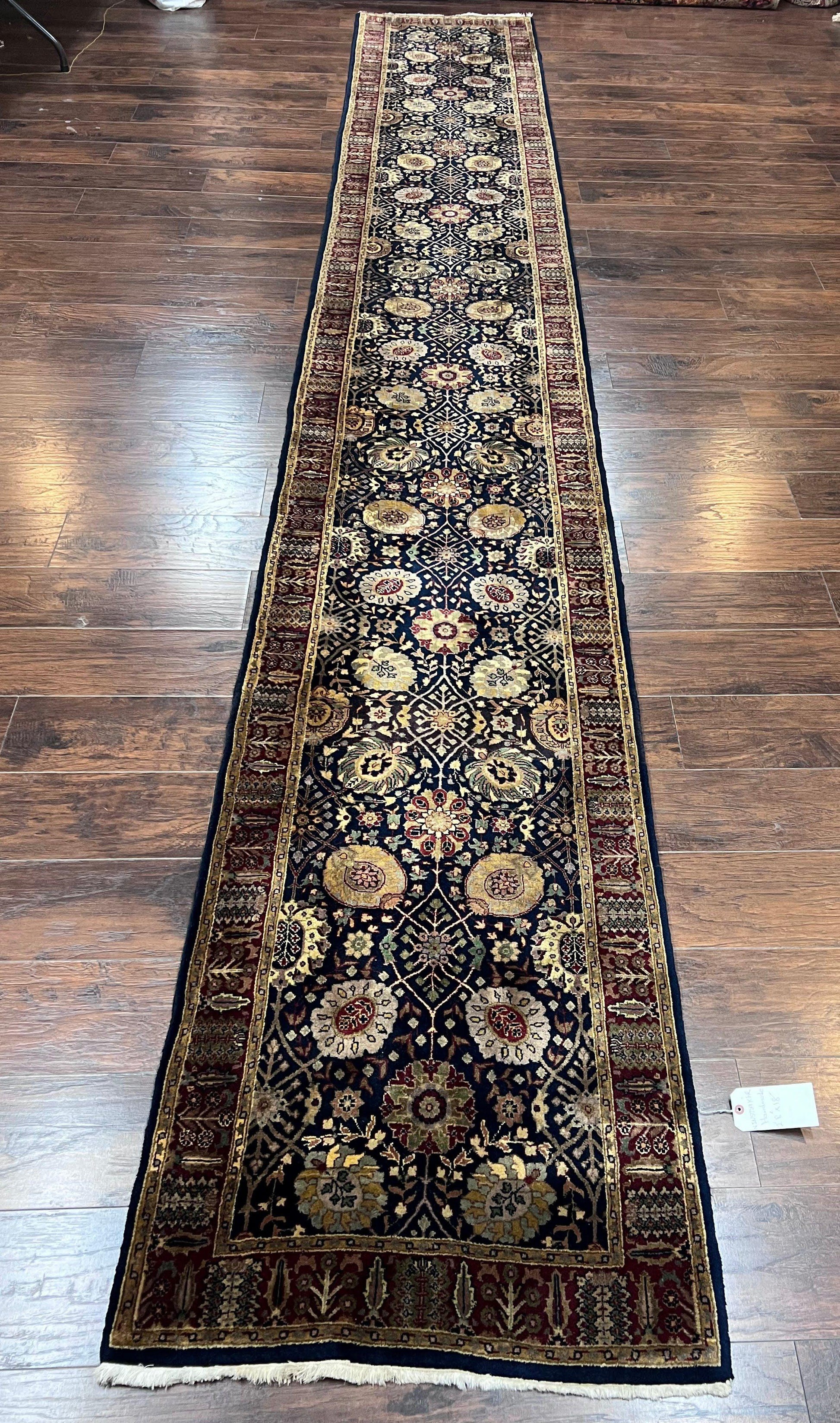 Indo Persian Runner 2.8 x 18, Long Skinny Hallway Wool Runner Rug, Hand Knotted Vintage Floral Allover Traditional Runner Dark Blue Burgundy - Nuvé