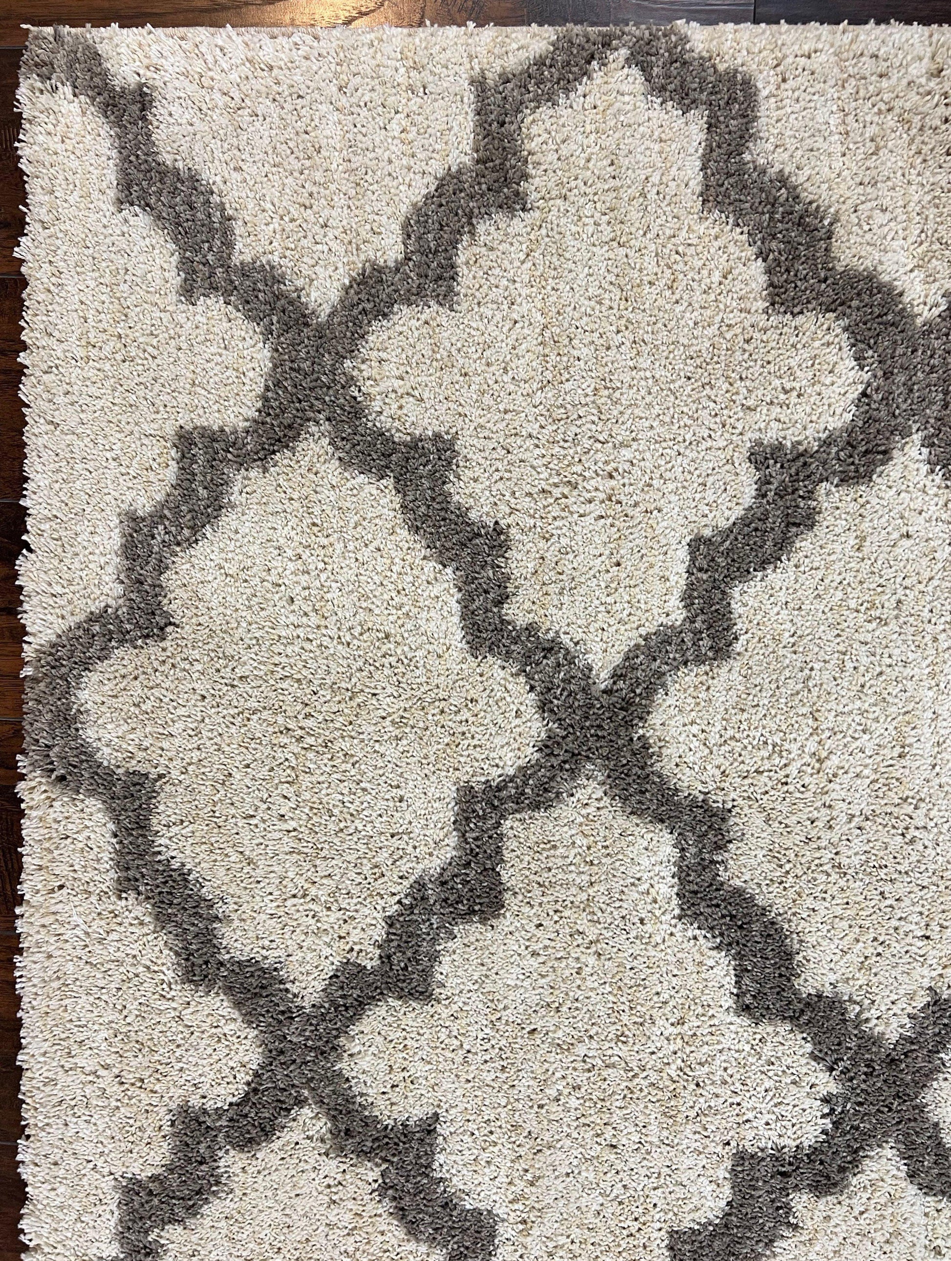 Modern Shag Rug, Ivory and Gray, Diamond Panel Design, Room Sized Area Rug - Nuvé