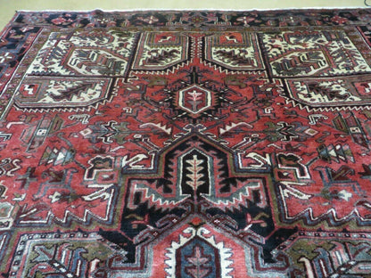 Persian Heriz Rug 8x12 Semi Antique Heriz Carpet, Room Sized Persian Carpet, Geometric Medallion, Wool, Hand Knotted, Red Ivory Dark Blue - Nuvé
