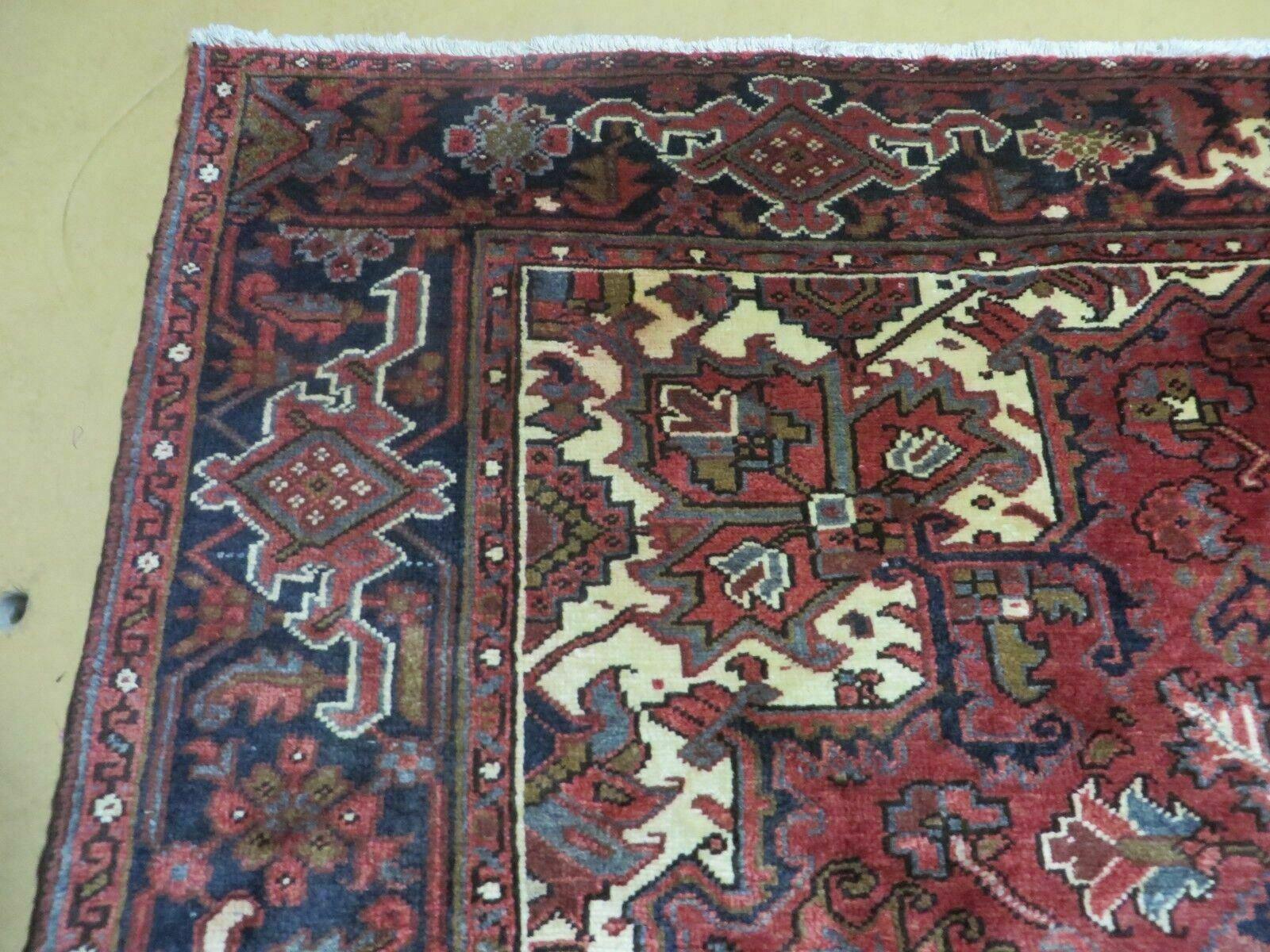 Persian Rug 8x11 Room Sized Heriz Carpet, Hand Knotted Wool Rug, Vintage Semi Antique, Geometric Medallion, Wine Red Cream Dark Blue, Wow - Nuvé