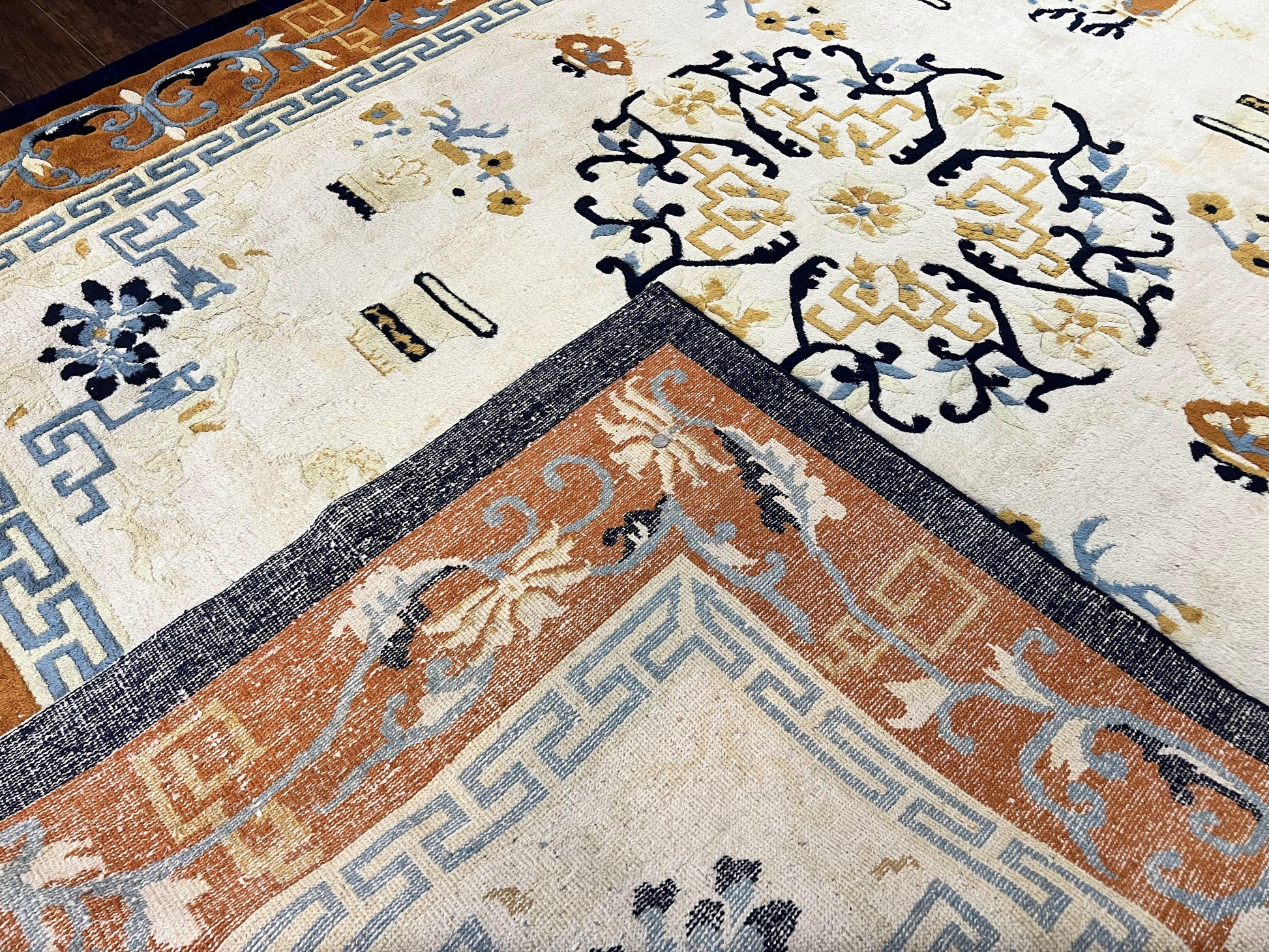 Indo Chinese Rug 9x12, Asian Oriental Carpet 9 x 12, Cream & Burnt Orange, Handmade Wool Vintage Art Deco Rug - Nuvé