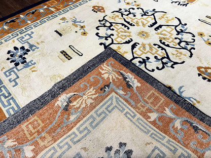 Indo Chinese Rug 9x12, Asian Oriental Carpet 9 x 12, Cream & Burnt Orange, Handmade Wool Vintage Art Deco Rug - Nuvé