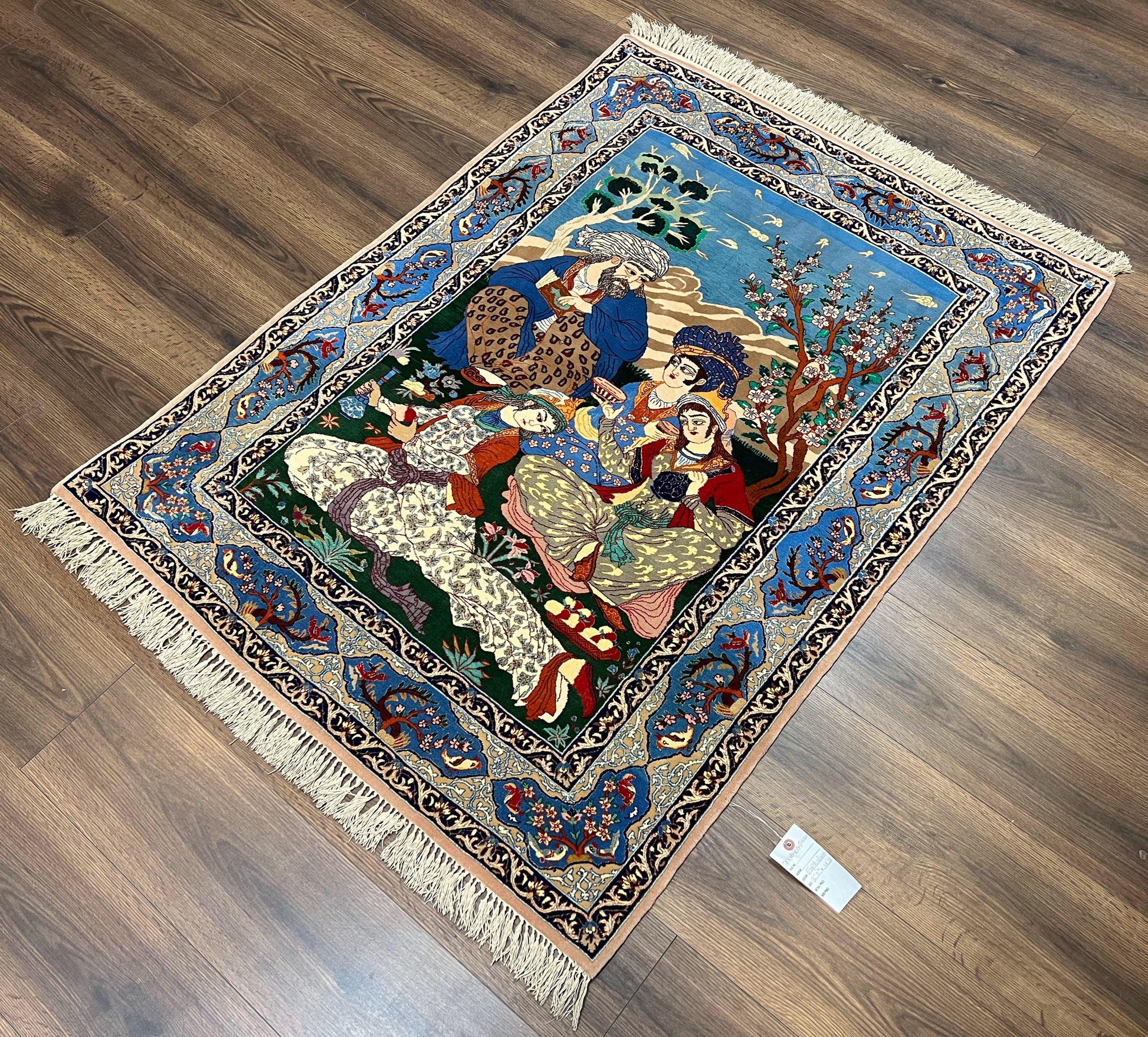Fine Persian Isfahan Pictorial Rug 3.7 x 5, Kork Wool on Silk Foundation, Blue Persian Carpet, Hand Knotted, Humans Birds, High KPSI, Semi Antique - Nuvé
