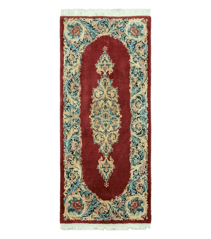 Small Persian Kirman Rug 2x4, Wool Oriental Vintage Handmade Carpet, Hand Knotted Floral Medallion, Red & Beige, Semi Open Field