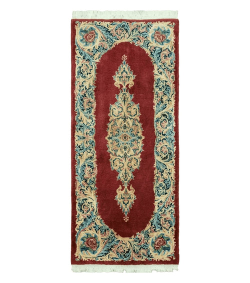 Small Persian Kirman Rug 2x4, Wool Oriental Vintage Handmade Carpet, Hand Knotted Floral Medallion, Red & Beige, Semi Open Field