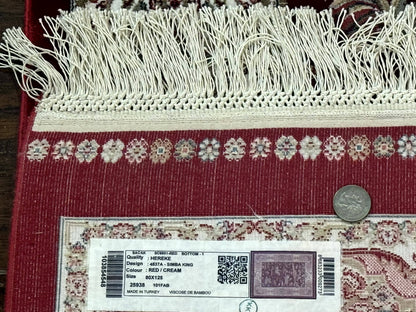 Dark Red Turkish Silk Rug 2.6 x 4, Hunting Design Scene, Bamboo Silk