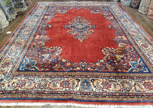 Semi Antique Persian Sarouk Rug 9x12,  Semi Open Field with Central Medallion, Hand Knotted Wool, Tomato Red, 9 x 12 Authentic Oriental Carpet - Nuvé