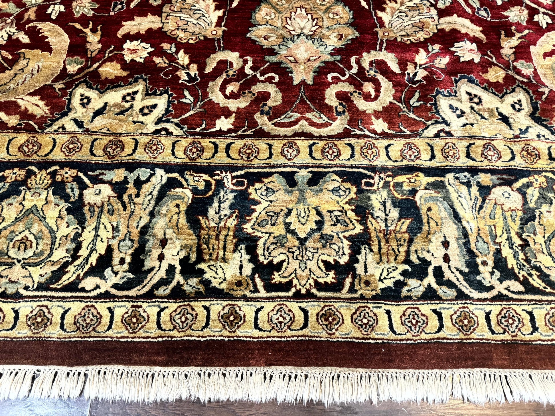 Indo Persian Rug 10x14, Indian Agra Carpet, Vintage Handmade Wool Large Traditional Rug, Dark Red Navy Blue Beige - Nuvé