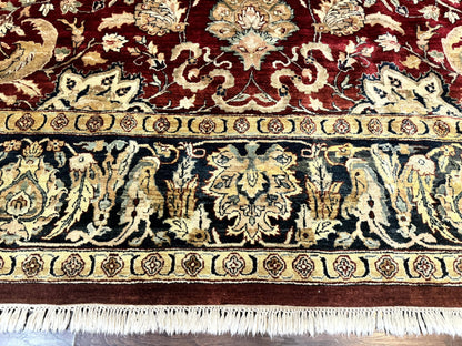 Indo Persian Rug 10x14, Indian Agra Carpet, Vintage Handmade Wool Large Traditional Rug, Dark Red Navy Blue Beige - Nuvé