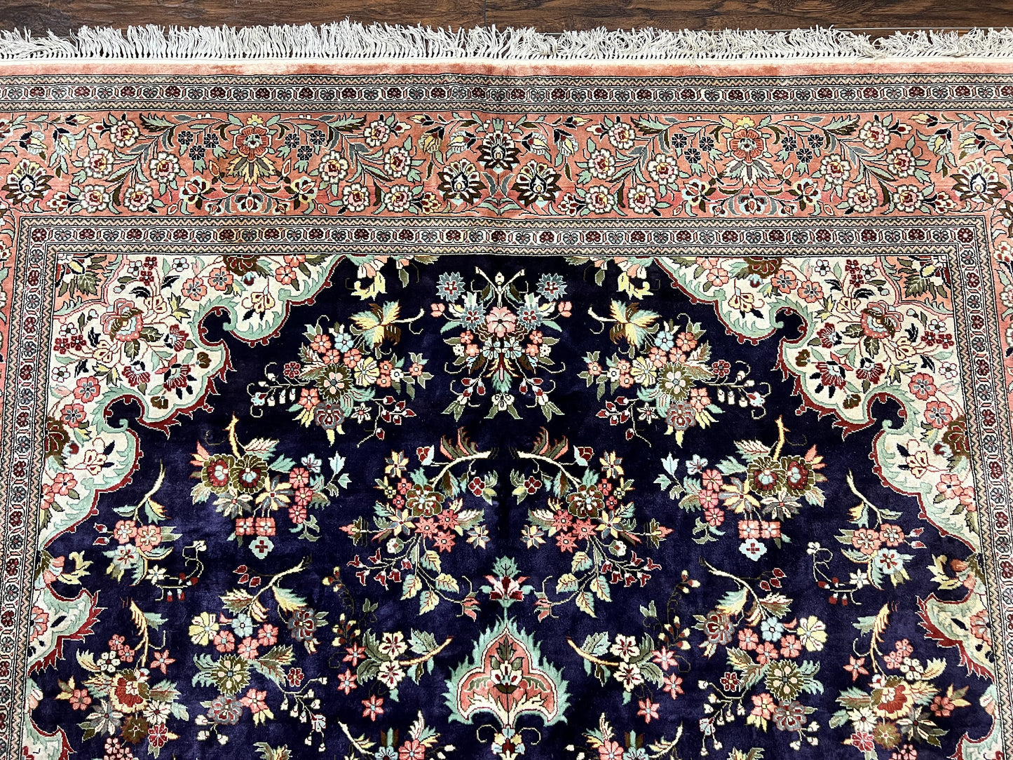 Stunning Silk Persian Qum Rug 7x9, Finely Hand Knotted Navy Blue & Salmon Floral Medallion Authentic Oriental Carpet, Vintage Handmade Silk Ghom Rug, Silk on Silk - Nuvé