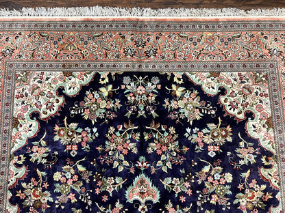 Stunning Silk Persian Qum Rug 7x9, Finely Hand Knotted Navy Blue & Salmon Floral Medallion Authentic Oriental Carpet, Vintage Handmade Silk Ghom Rug, Silk on Silk - Nuvé