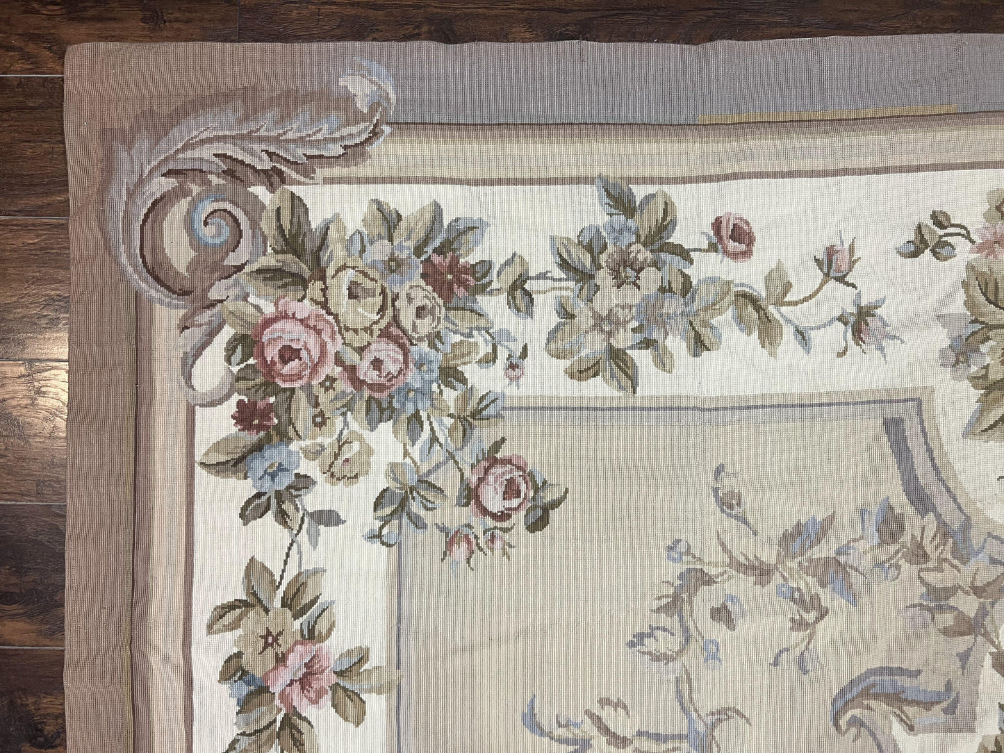 Aubusson Needlepoint Rug 9x12, VIntage Handmade Wool Beige Floral European Elegant Rug 9 x 12, Floral Roses - Nuvé