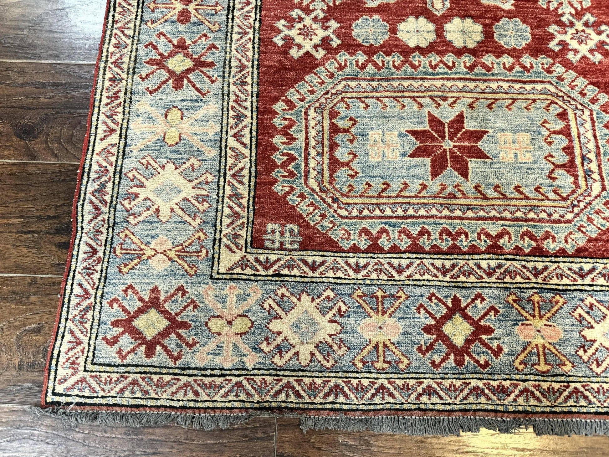 Turkish Kazak Rug 4x6, Handmade Vintage Wool Carpet, Geometric Design, Red and Light Blue - Nuvé