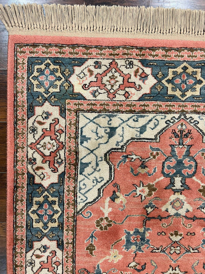 Karastan Rug 4x6 Bergama Design #737, Karastan Area Rug, Vintage Wool Karastan Carpet, Original Collection 700 Series, Salmon Red Light Blue - Nuvé