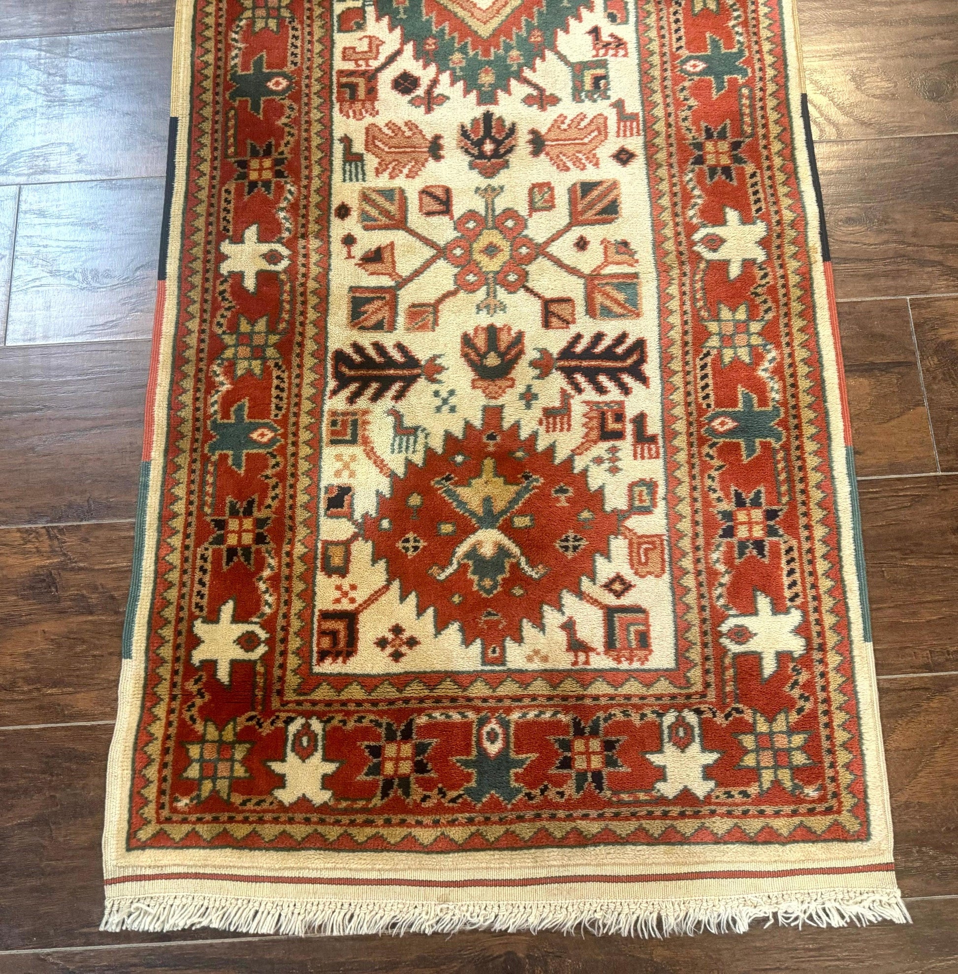 Turkish Runner Rug 2.4 x 8, Kazak Geometric Heriz Pattern, Beige Red - Nuvé