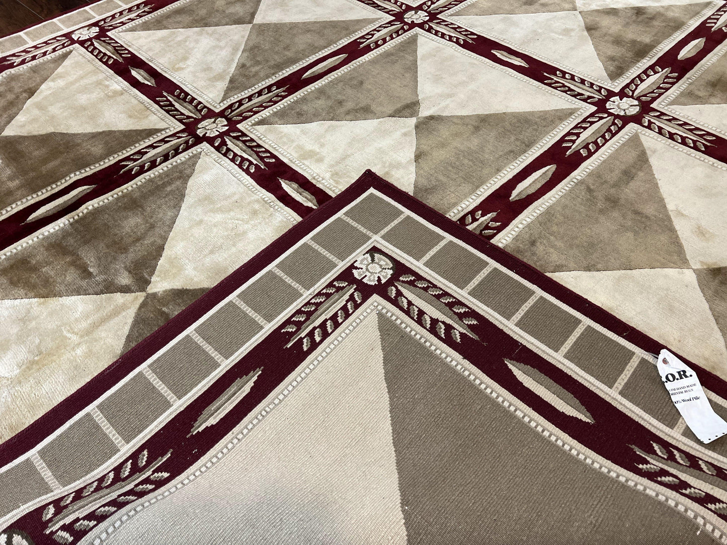 Indo Tibetan Rug 10x14, Nepali Carpet, Large Soft Wool Area Rug, Olive Tan Maroon, Contemporary Rug 10 x 14 ft Living Room Rug, Handmade Rug - Nuvé