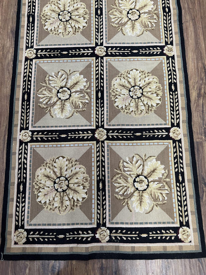 Needlepoint Runner Rug 3x8 Panel Design Rug, Flatweave Runner Rug, English Design, Floral, Short Runner Rug, Black and Beige Wool Hand-Woven - Nuvé
