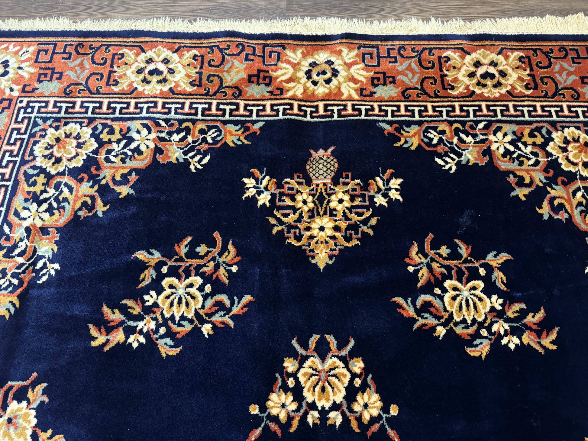 Chinese Wool Rug 8x11, Navy Blue and Terracotta, Floral, Couristan Belgium Power Loomed Carpet - Nuvé