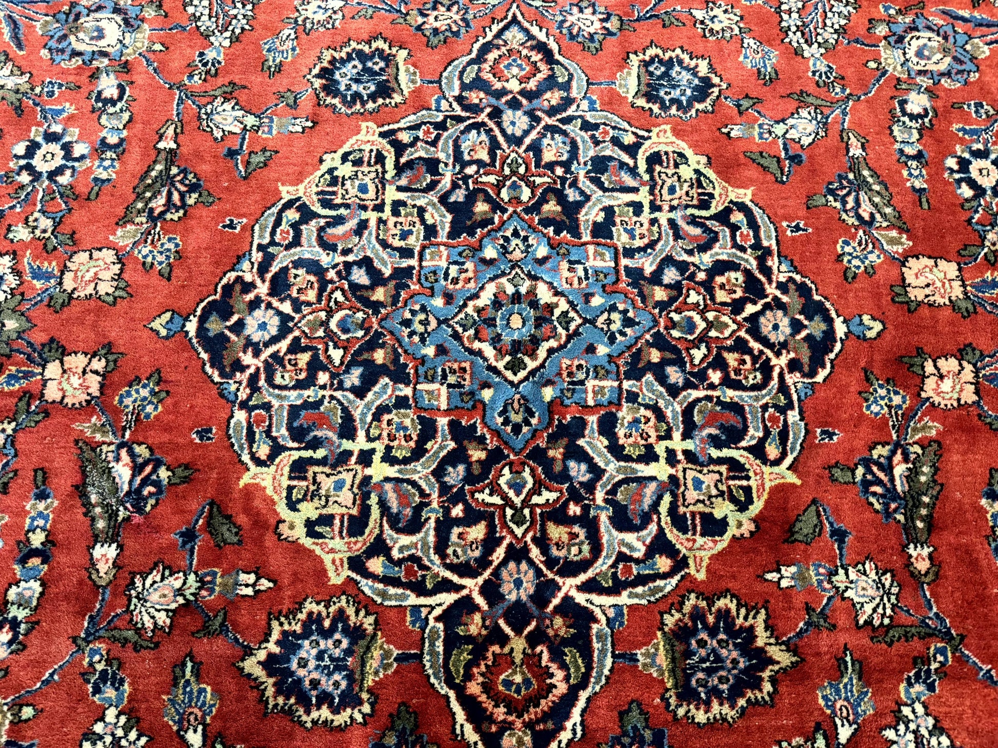 Red Persian Kashan Rug 10x14, Hand-Knotted Semi Antique Floral Medallion Handmade Wool Carpet, Red & Navy Blue - Nuvé