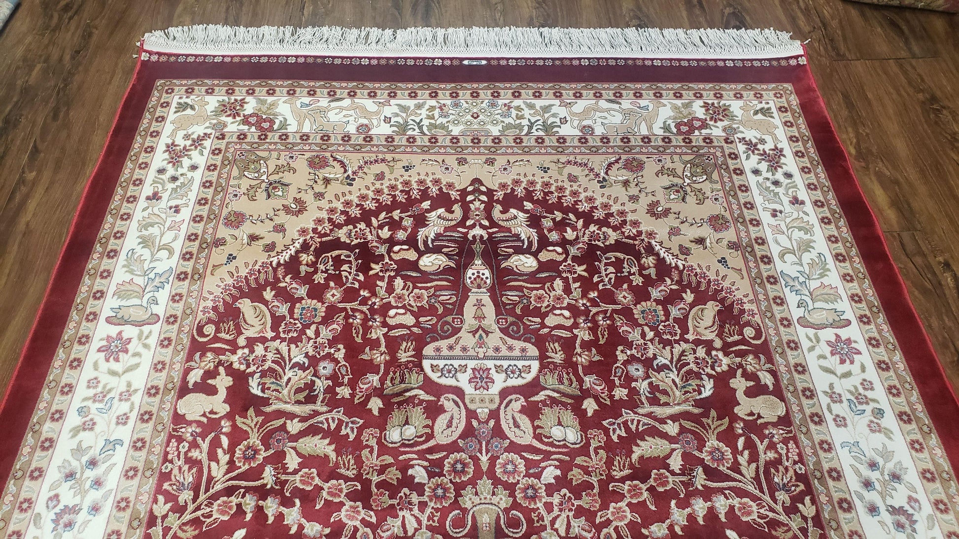 Silk Carpet 4x6 Dark Red & Cream, Tree of Life Rug, Animal Motifs, Birds Deer Rabbits, All Bamboo Silk, 4 x 6 Silk Area Rug - Nuvé